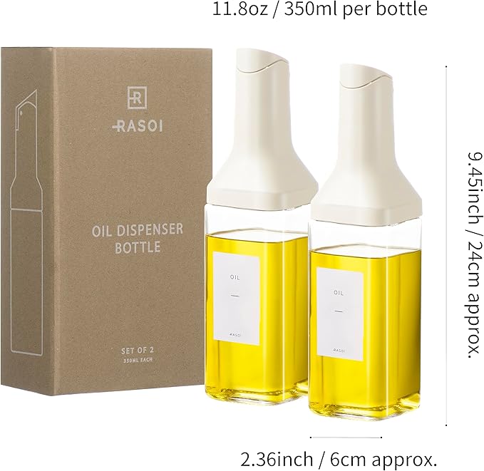 Oil Dispenser Bottle – Set of 2 12oz/350ml Oil and Vinegar Dispenser - Drip-Free Spout Glass Oil Dispenser – Kitchen Oil Dispenser with Automatic Pouring Lid - Olive Oil Bottle for Cooking