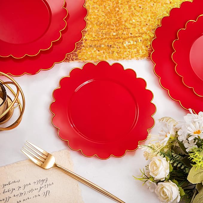LIYH 60 Pcs Red Plastic Plates Disposable with Gold Edge Scalloped Red Disposable Plates Includes 30 Dessert & 30 Dinner Plate Dishes Tableware for Party Birthday Mother's Day