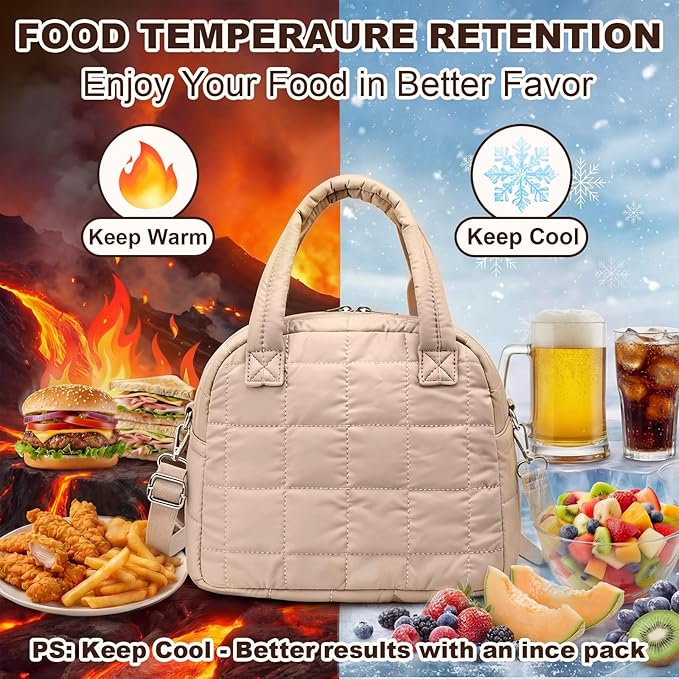 LEDAOU Lunch Box for Women Lunch bag Quilted Puffer Lunch Box with Adjustable Strap Insulated Reusable Lunch Tote for Work School Picnic Travel