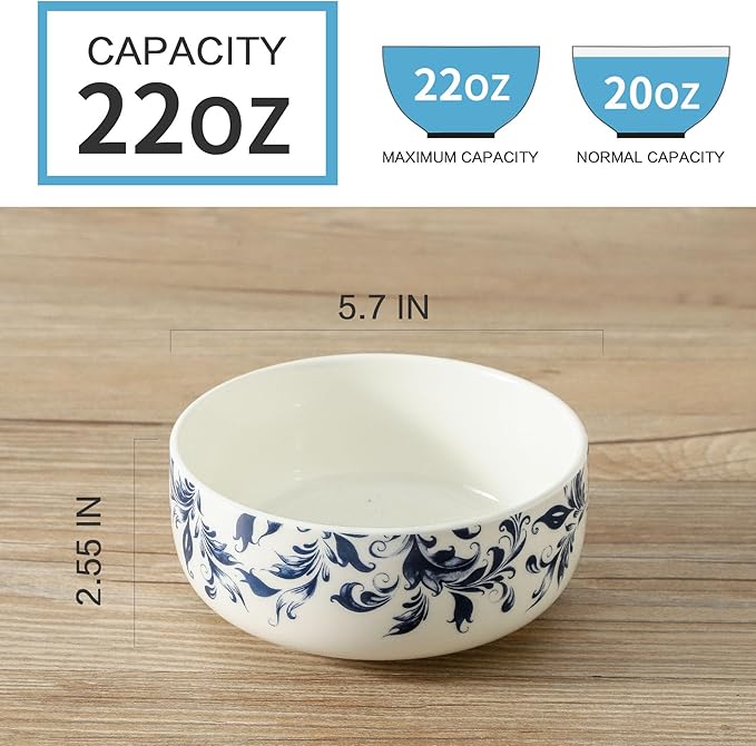 Blue Serving Bowls Set of 4, Ceramic Soup Bowls 22oz, Blue and White Cereal Bowl for Kitchen, Japanese bowls for Raman Oatmeal Salad Rice Pho, Microwave & Dishwasher Safe