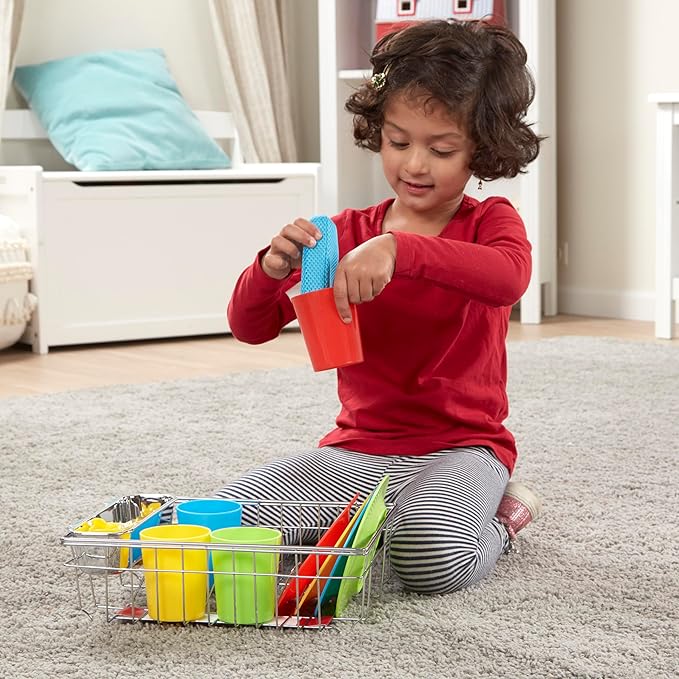 Melissa & Doug Wash and Dry Dish Set - 24 Pieces Kids Play Dishes, Play Kitchen Accessories, Toy Dishes for Kids Kitchen Ages 3+