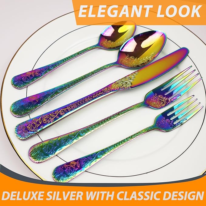 Runfly Vintage Carved Floral Rainbow Silverware Set for 4, Stainless Steel 20-Piece Flatware Set with Knife/Fork/Spoon, Cutlery Set for Home and Kitchen, Modern Utensil Set