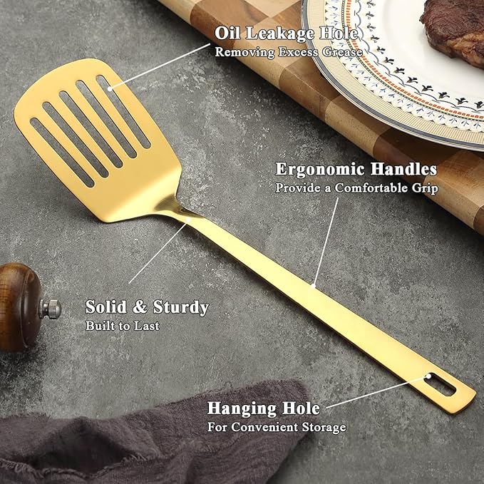 Gold Spatulas Set of 2, Kyraton Stainless Steel Spatula, Metal Spatulas, Kitchen Solid Slotted Turner, Titanium Gold Plating Cooking Utensils Set, Dishwasher Safe
