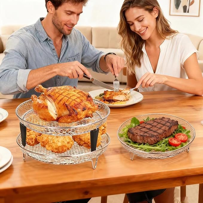 Air Fryer Racks, Cooling Racks for Cooking and Baking 8 inch,Round Stackable Rack with Spare Clip and Silicone Feet, Stainless Steel Kitchen Household, Fit all 4.2QT - 5.8QT Air Fryer