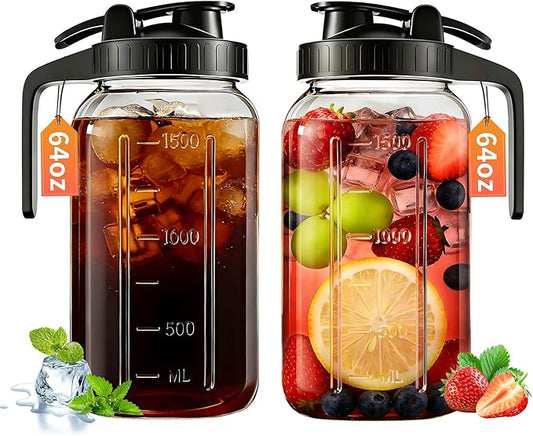 64oz Glass Pitcher with Lid & Spout – 2 Quart Mason Jars, Airtight & Leakproof Breastmilk Pitcher for Cold Brew Coffee, Sun Tea, Water, Juice – Wide Mouth, Fridge Safe
