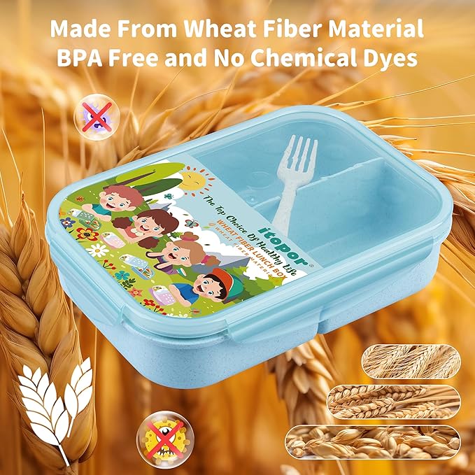 Wheat Straw Lunch Box, Leakproof 3-Compartment Bento Box for Kids & Adults, BPA-Free, Microwave & Dishwasher Safe, 5.5 Cup/1400 ml, Blue