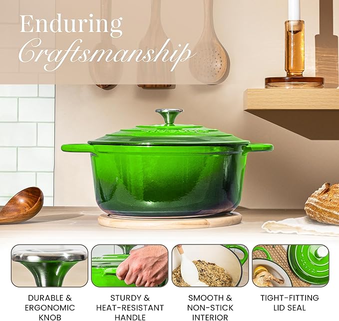 Cast Iron Pot with Lid – Non-Stick Ovenproof Enamelled Casserole Pot, Oven Safe up to 500° F – Sturdy Dutch Oven Cookware – Green, 5-Quart, 24cm – by Nuovva