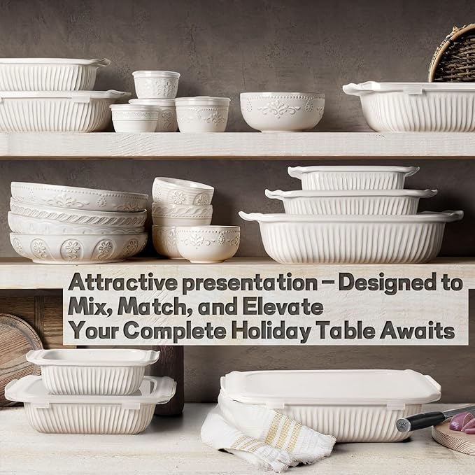 Artena Baking Dish 2.3 Quarts, Casserole Dishes For Oven, Baking Pan With Handles, Lasagna Pan Deep, Large Casserole Dish, Rectangular Ceramic Bakeware, White (Baking Dish With Lids)