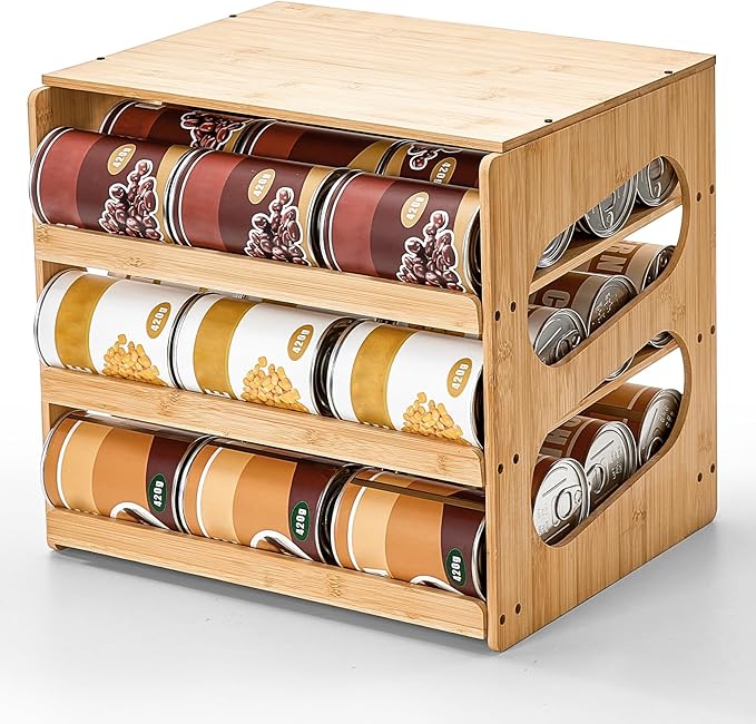 Soup Can Organizer for Pantry, 4 Tier Pantry Can Organizers and Storage, Rolling Bamboo Canned Food Storage for Countertop Kitchen Cabinet