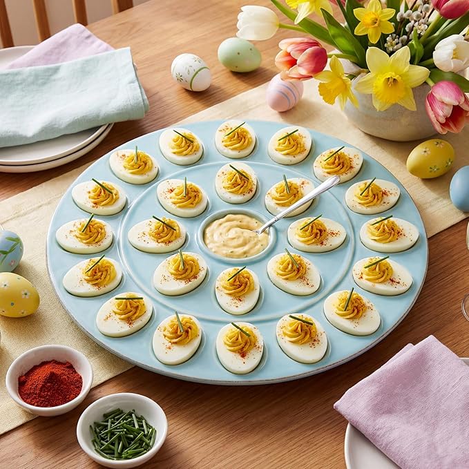 Ceramic Easter Deviled Egg Platter 13 Inch Robin Egg Blue Easter Eggs Tray 24 Holes Deviled Eggs Holder for Spring Holiday Festival Party Favors