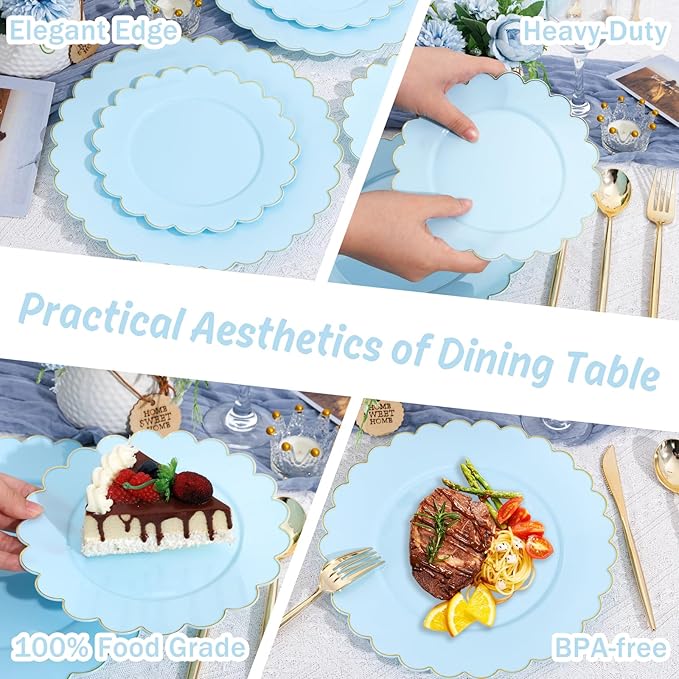 LIYH 120 Pcs Baby Blue Plastic Plates with Gold Edge - Disposable Light Blue Scalloped Baby Shower Plastic Plates Includes 60 Dinner Plate 10.25" & 60 Dessert Plate 7.5" for Party Birthday Easter