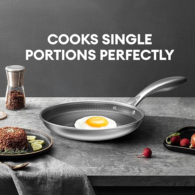 COOKER KING 8-Inch Stainless Steel Pan, Hybrid Nonstick Frying Pan, Skillet, 3-Ply Clad Cookware, Even Heat Distribution, Dishwasher & Oven Safe, with Stay-Cool Handle, Induction Compatible