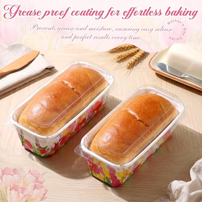 LemonRoad 100 Pcs Mother's Day Mini Loaf Pans with Lids 6.3 x 2.2 x 2.2 Inch Tulip Disposable Paper Baking Pan Bulk, Mothers Day Baking Party Supplies for Cake Bread Oven Bakery