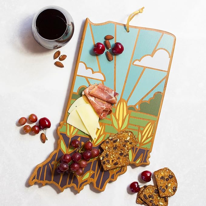 Totally Bamboo Indiana State Shaped Cutting Board and Charcuterie Serving Platter with Artwork by Summer Stokes, Includes Hang Tie for Wall Display