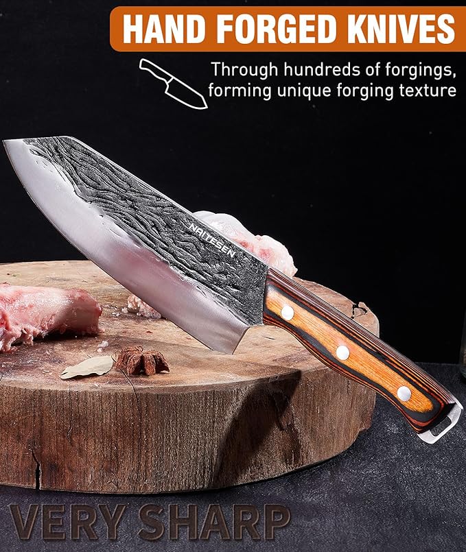 7PCS Hand Forged Butcher Knife and Kitchen Knife 2 in 1 Set with Roll Bag, Heavy Duty Meat Cleaver Serbian Chef Knife Breaking Knife Boning Knife for Meat Cutting BBQ Gifts for Men Women