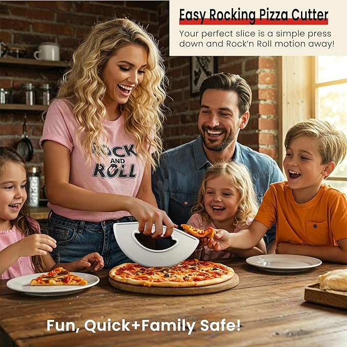 Rock and Roll Pizza Cutter, Plastic, Non-Stick, Rocking, 9 inch, Easy Clean, Dishwasher Safe, Handheld Pizza Slicer, Easier Slicing Tool, Baking Tools, Pastry Bread Cutting Knife, Made in USA, White