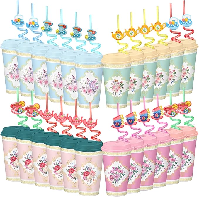 24 Set Flower Cups for Tea Party Tumbler 16 oz Vintage Floral Cup with Straw Lid Tea Party Disposable Plastic Cup Flower Coffee Tumbler Bulk Spring Mug Wedding Mother Hot Cold Drink Birthday Supply