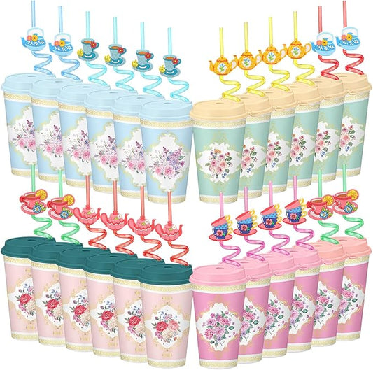 24 Set Flower Cups for Tea Party Tumbler 16 oz Vintage Floral Cup with Straw Lid Tea Party Disposable Plastic Cup Flower Coffee Tumbler Bulk Spring Mug Wedding Mother Hot Cold Drink Birthday Supply