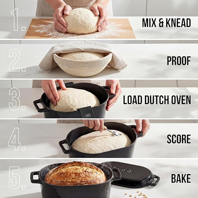 KooK Enameled Cast Iron Dutch Oven for Sourdough Bread Baking - 3.4 Qt Pot with Lid for Even Heat Distribution - Includes Silicon Bread Sling and Recipe Book for Home Bakers