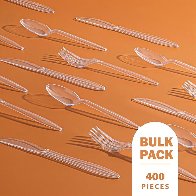 PLASTICPRO 400 Pack Disposable Plastic Utensils Assorted Colored Cutlery Combo Set Forks Spoons Knives Silverware, Clear Plastic Cutlery for Parties
