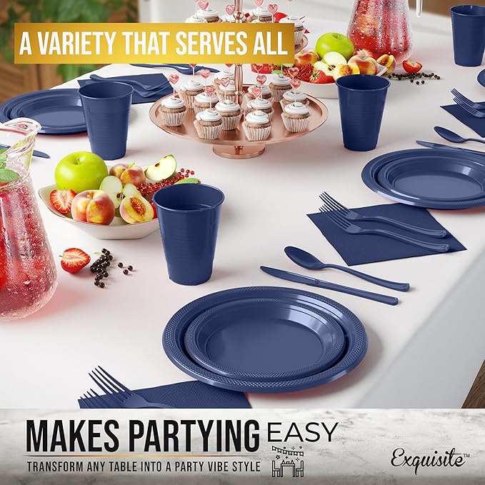 350 Pcs Navy Plastic Plates For Party, Navy Disposable Plates Set, 50 Of Each 9" Dinner Plate Set, 7" Dessert Plate, Cups, Napkins & Cutlery Plastic Dinnerware Set Exquisite