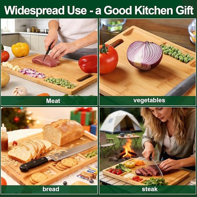 Bamboo Cutting Boards for Kitchen with 3 Compartments & Juice Grooves, Double-Sided Chopping Board with Handle, Kitchen Gifts, Wood Cutting Boards for Meats Vegetable Fruits (15.2x10.5x0.6'')