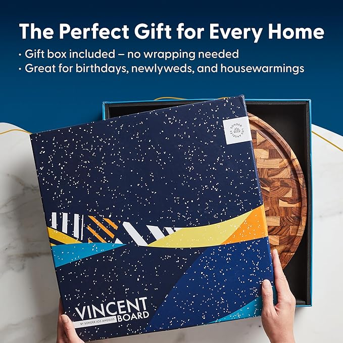 Sonder Los Angeles Vincent Round Cutting Board | Teak End Grain Cutting Board for Kitchen with Juice Groove | Perfect for Pizza & Charcuterie | Gift Box Included | 15x15x1.5 in