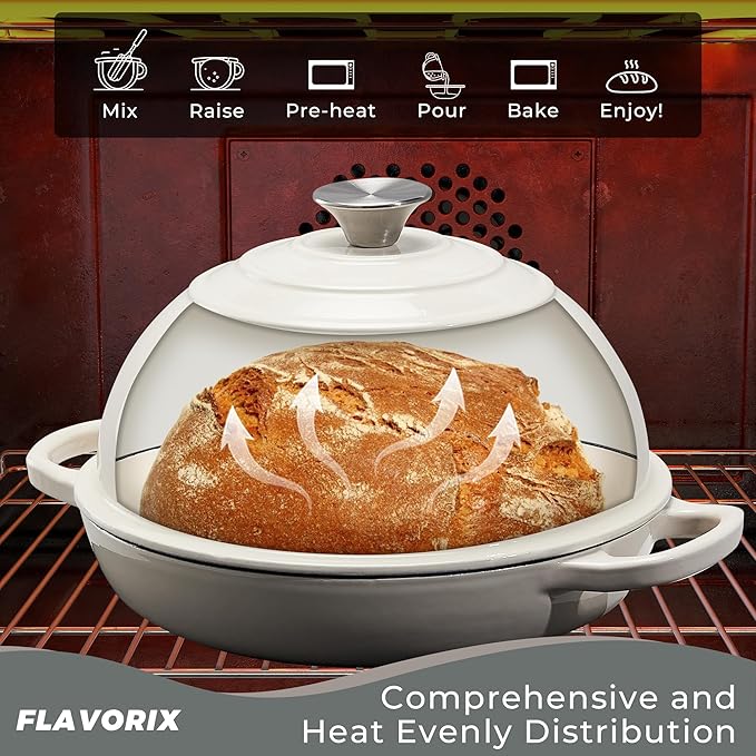 Cast Iron Bread Oven for Sourdough, 6Qt Bread Baking Pan with Lid, Enameled Sourdough Dutch Oven for Bread Baking, Oven Safe up to 482℉, Latte