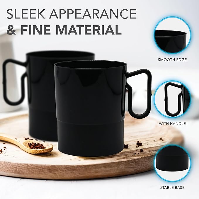 Party Essentials 8-Ounce Hard Plastic Coffee Cup/Tea Mug with Handle, 20-Count, Bistro Black (Pack of 6)