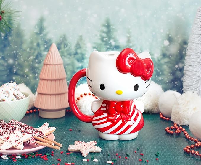 Silver Buffalo Sanrio Hello Kitty Christmas Holiday Candy Cane Dress 3D Sculpted Ceramic Mug, 20 Ounces