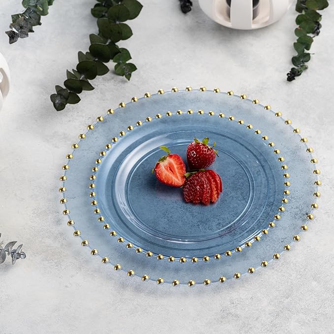 PLASTICPRO 64 Piece Combo Plastic Dinner Plates Disposable Plastic Fancy Heavy Duty Party Dishes 7 inch and 10 inch, Translucent Blue and Gold Beaded