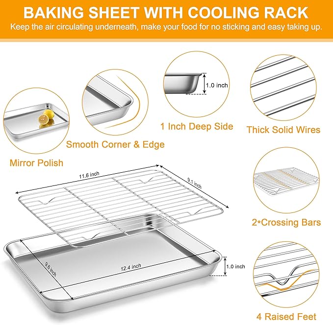 Homikit Quarter Sheet Pan with Rack Set (2 Sheets + 2 Racks), 9x13 Stainless Steel Baking Sheets with Cooling Racks Non Toxic, Metal Cookie Bacon Tray for Toaster Oven Baking Cooking, Dishwasher Safe