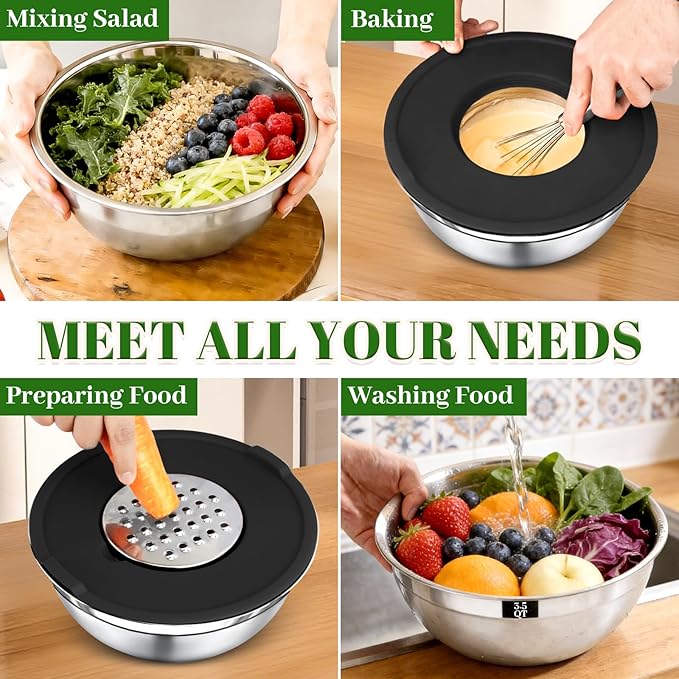 Mixing Bowls with Lids Set - 5 Nesting Mixing Bowls, 3 Grater Attachments, Airtight Lids, Stainless Steel Mixing Bowls for Mixing & Serving, Size 1.5/2.1/3.5/4/4.5 QT, Black