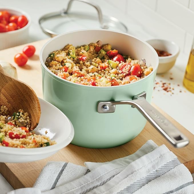 KitchenAid Hard Anodized Ceramic Nonstick Cookware Sauce Pan with Lid, 3 Quart - Pistachio