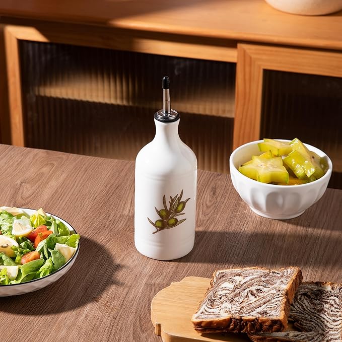 Sweejar Ceramic Olive Oil Dispenser Bottle, Opaque Oil Cruet Protects to Reduce Oxidation, Suitable for Storage Vinegar, Coffee Syrups & Other Liquids, Pack of 1, 15.5 Fl Oz(Olive Leaf White)