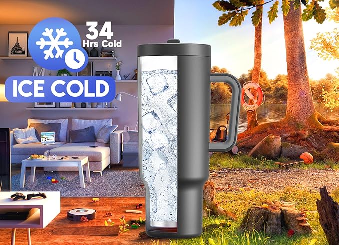 Meoky 40 oz Tumbler with Handle and Flip Straw, 100% Leakproof Tumbler with Lid and Straw, Stainless Steel Insulated Cup, Cupholder Friendly, Keeps Cold for 34 Hours (Night)