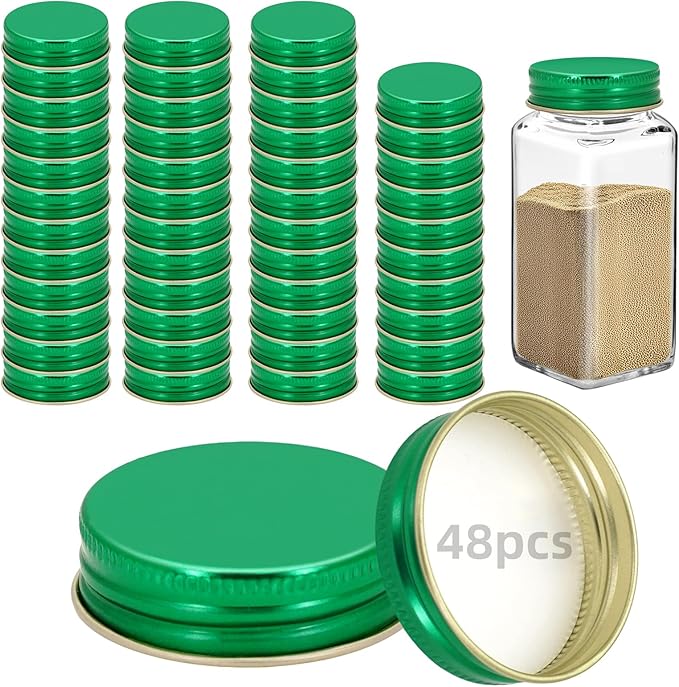 48 Pcs iron Jar Lids Lids for 4 oz and 6 oz Square Spice Jars Reusable Can Airtight Spice Storage Canning Lids for Nice Sealing Kitchen (Green)