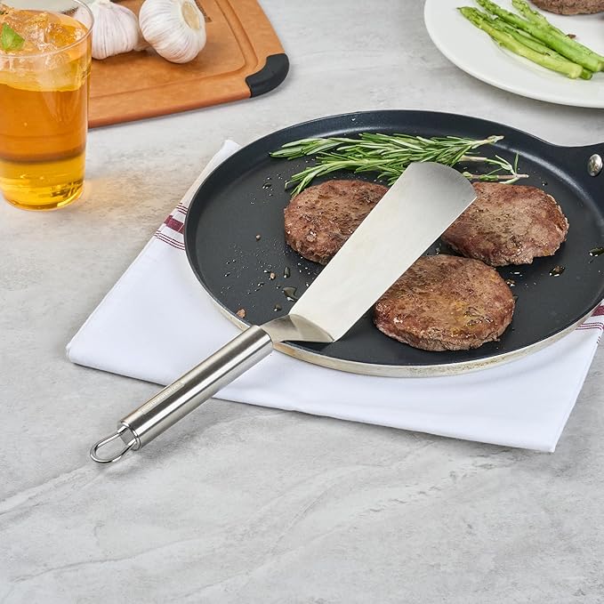 Restaurantware 11" Stainless Steel Turner - German Standard Kitchen Spatula with Ergonomic Handle, Heat-Resistant - Heavy-Duty Steel Spatula for Flipping Burgers, Eggs, Meat