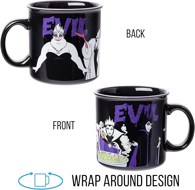 Silver Buffalo Disney Villains Evil Featuring Ursula, Cruella de Vil, The Evil Queen, and Maleficent Ceramic Camper Mug, 20 Ounces