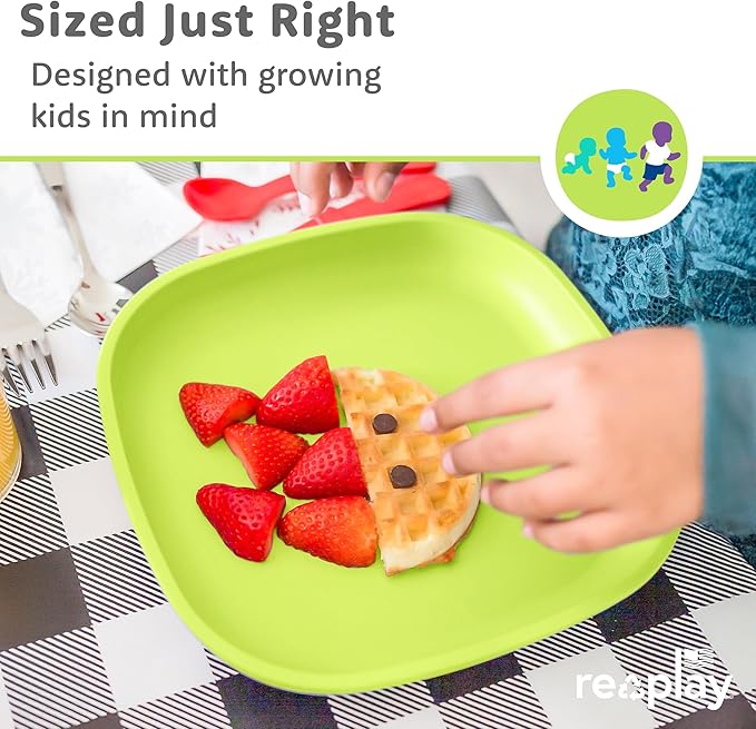 Re-Play Toddler Plates - 22 Oz. Deep-Walled Flat Kids Plates with 3 Lids - Dishwasher & Microwave Safe - Made in USA - Set of 3-7.37" x 7.37" x 1.25" - Aqua Asst