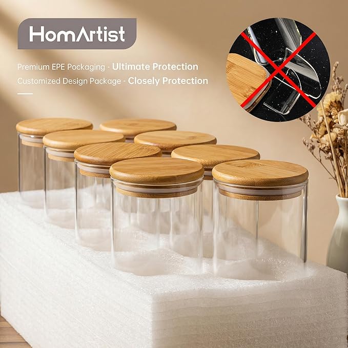 Glass Jars with Bamboo Lids 17 FL OZ [Set of 12], Glass Canisters with Airtight Lids, Glass Food Storage Containers for Spice, Coffee, Sugar, Tea, Candies, Cookies,Best for Kitchen & Pantry