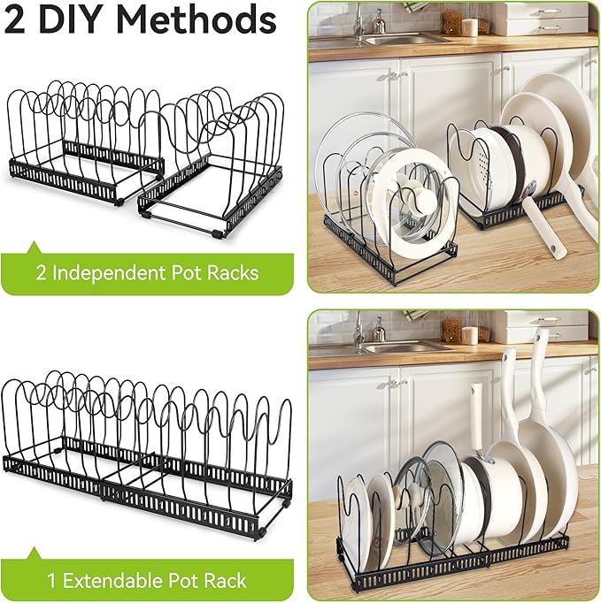 Pots and Pans Organizer under Cabinet, Expandable 11.81''-22.83'' Pot and Pan Organizer, Pot Lid Organizer with 14 Adjustable Dividers for Lids, Baking Trays, Skillets (Black, 14 Dividers)