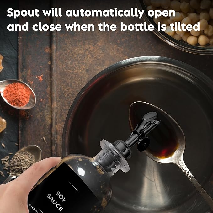 Oil Dispenser for Kitchen - Glass Olive Oil Bottle Set of 2 (11.8oz) with Black Weighted Self-Closing Pourer - Cooking Oil Dispenser with 66 Labels, Aligner & Funnel