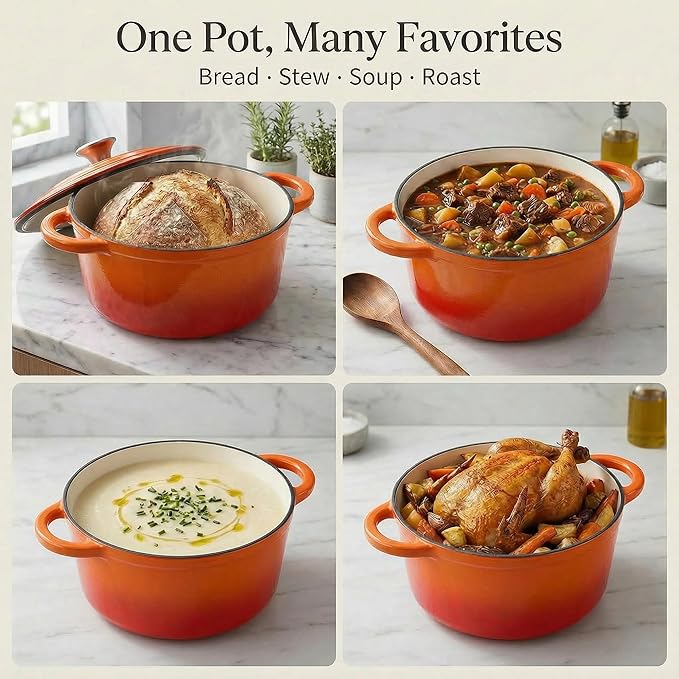 4QT Enameled Cast Iron Dutch Oven Pot with Lid,Heavy-Duty Cookware for Sourdough Bread Baking,Braising,Stews,Roasting,Oven Safe up to 500°F,orange