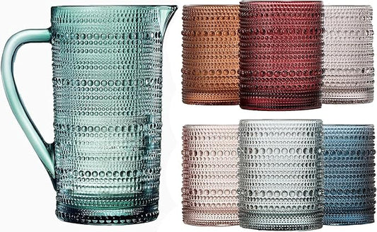 Khen Hobnail Beaded Pitcher & Tumbler Glasses Set | Set of 6 Glasses & Carafe| Vintage 11 OZ Lowball & 2.4 Litter Glass Muted Bubble Design, Old-Fashioned, Embossed Design - Water, Wine, Cocktail