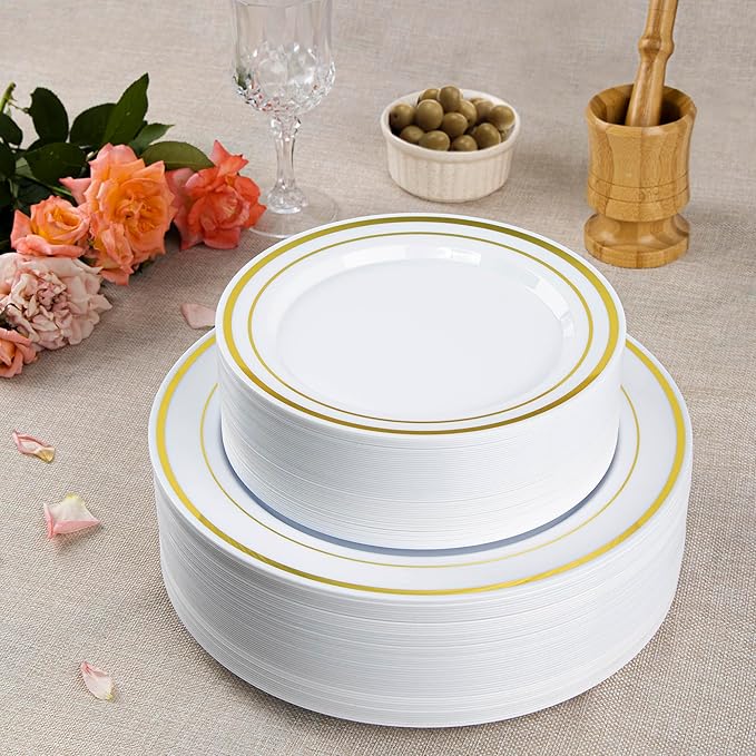 SETUP 100-Piece Gold Trim Plastic Dinnerware Set – 50 10.25" Dinner & 50 7.5" Salad Plates – Heavy-Duty Disposable for Weddings, Catering, Parties