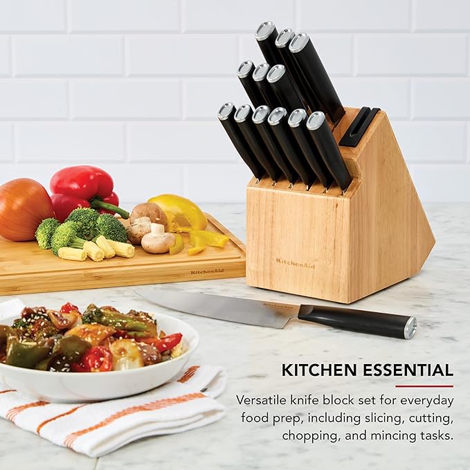 KitchenAid Classic Step Knife Block Set with Built-In Knife Sharpener, High Carbon Stainless Steel Kitchen Knives, Sharp Kitchen Knife Set with Block, 14-Piece, Natural