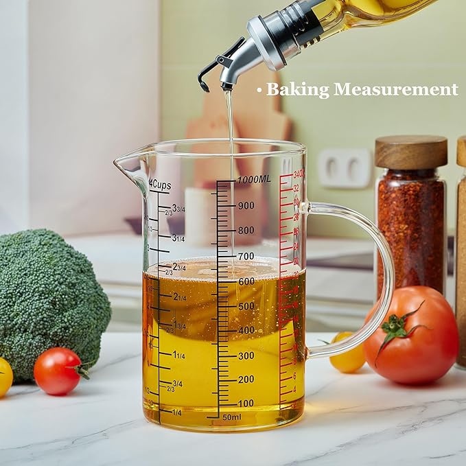 Glass Measuring Cup-[Insulated handle | V-Shaped Spout]-Made of High Borosilicate Glass Measuring Cup for Kitchen or Restaurant, Easy to Read, 1000 ML (32 Oz, 4 Cup)