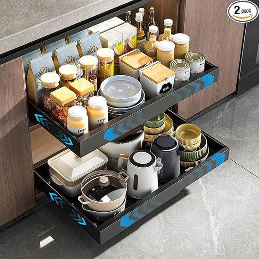 2 Pack Pull Out Cabinet Organizer, Expandable Slide Out Drawers for Kitchen Cabinets Peel and Stick Pullout Drawer Heavy Duty Sliding Shelves for Cupboard, Pantry, Bathroom(16.5" Deep, Black)