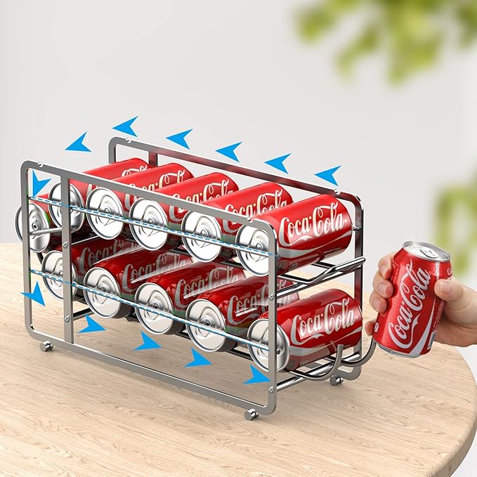 Soda Can Organizer Storage Rack, 2 Pack Stackable Beverage Soda Can Dispenser Organizer Holder for Refrigerator, Cabinet, Pantry (Silver)